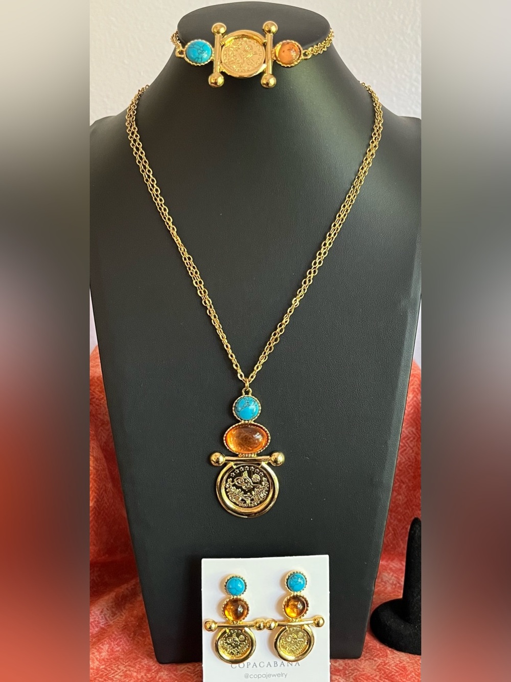 Gold Coin Pendant Necklace, Bracelet and Earrings w/Turquoise & Amber Accents